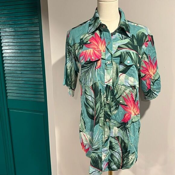 Free People NWT Sandrine Rose Hawaii luau floral snap button top turquoise XS - Picture 1 of 8